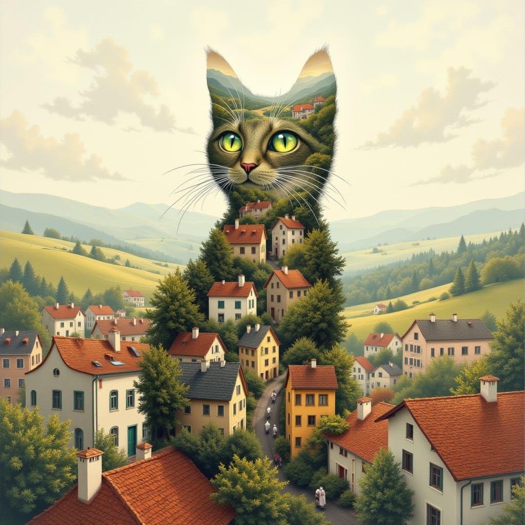 Cat-Shaped Townscape in Dreamy Oil Paint Style