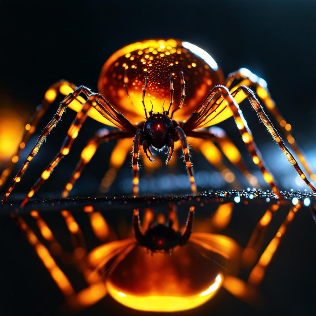Glowing Amber Spider on Dewy Web: Fantasy Concept Art