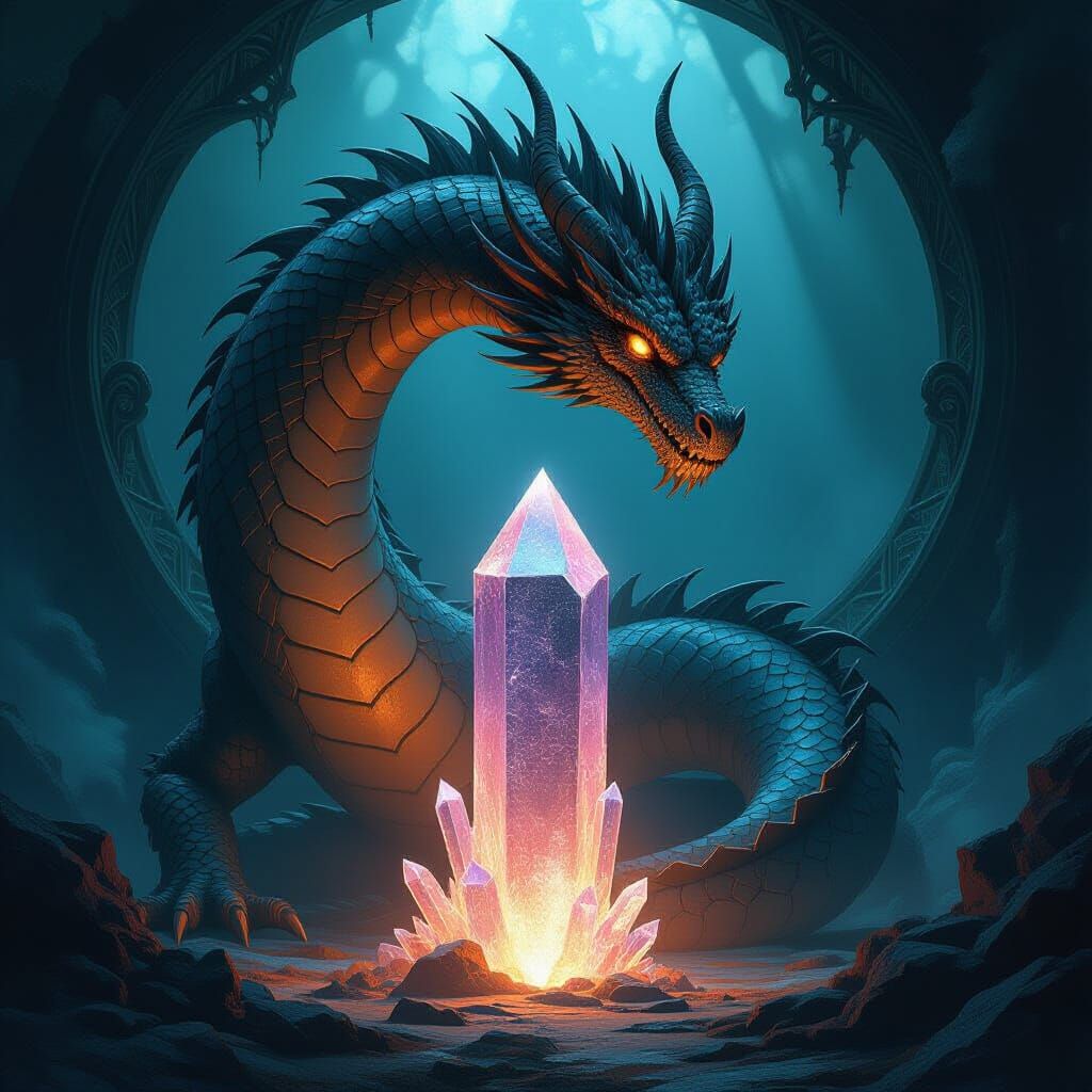 Ancient Dragon Coiled Around Dark Energy Crystal