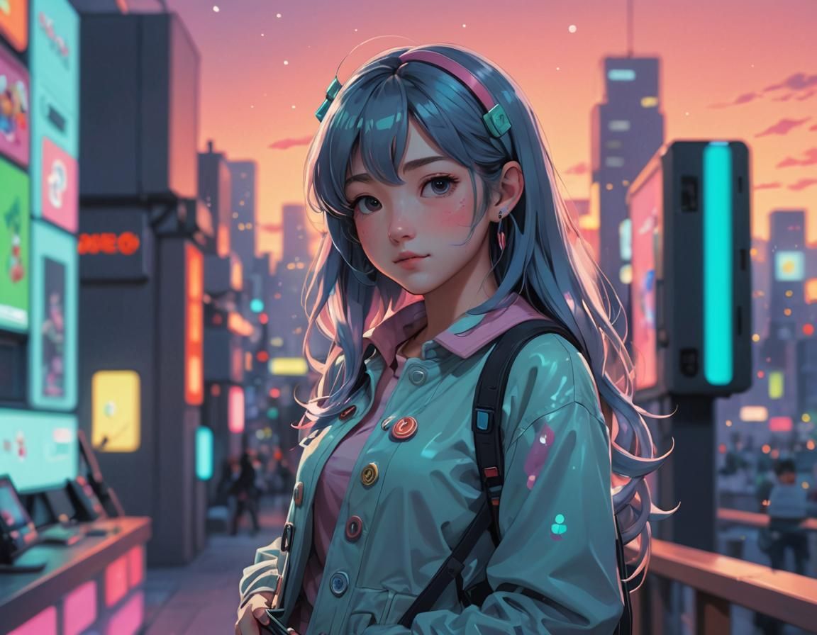 Girl Hugging Nintendo Switch in Kawaii Style