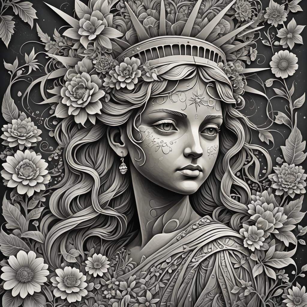 Girl's Chalk Art: Statue of Liberty with Flowers
