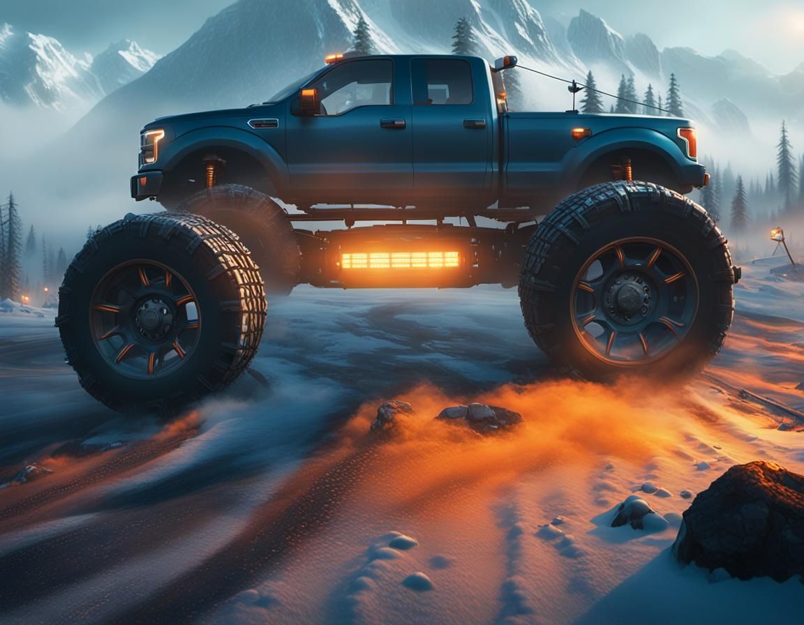 Black Ford Pickup in Misty Mountains, Fantasy Concept Art