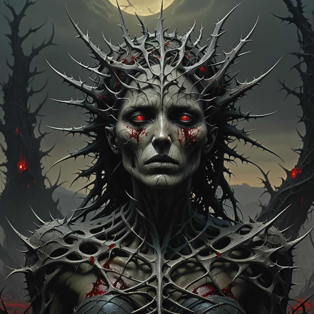 Thorn-Covered Woman in Gothic Dark Fantasy Landscape