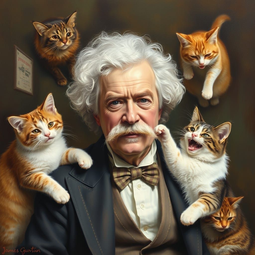 Author Mark Twain Surrounded by Whimsical Felines in Oil Pai...