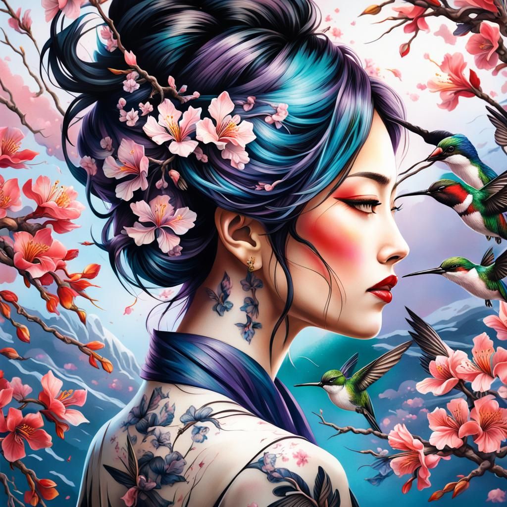 Japanese woman with upswept hair (cherry blossoms entwined) ...