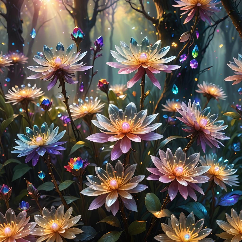 Crystal Flowers Glow in Mystical Forest