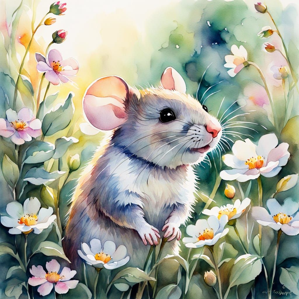 Whimsical Watercolor Mouse Peeking in Garden
