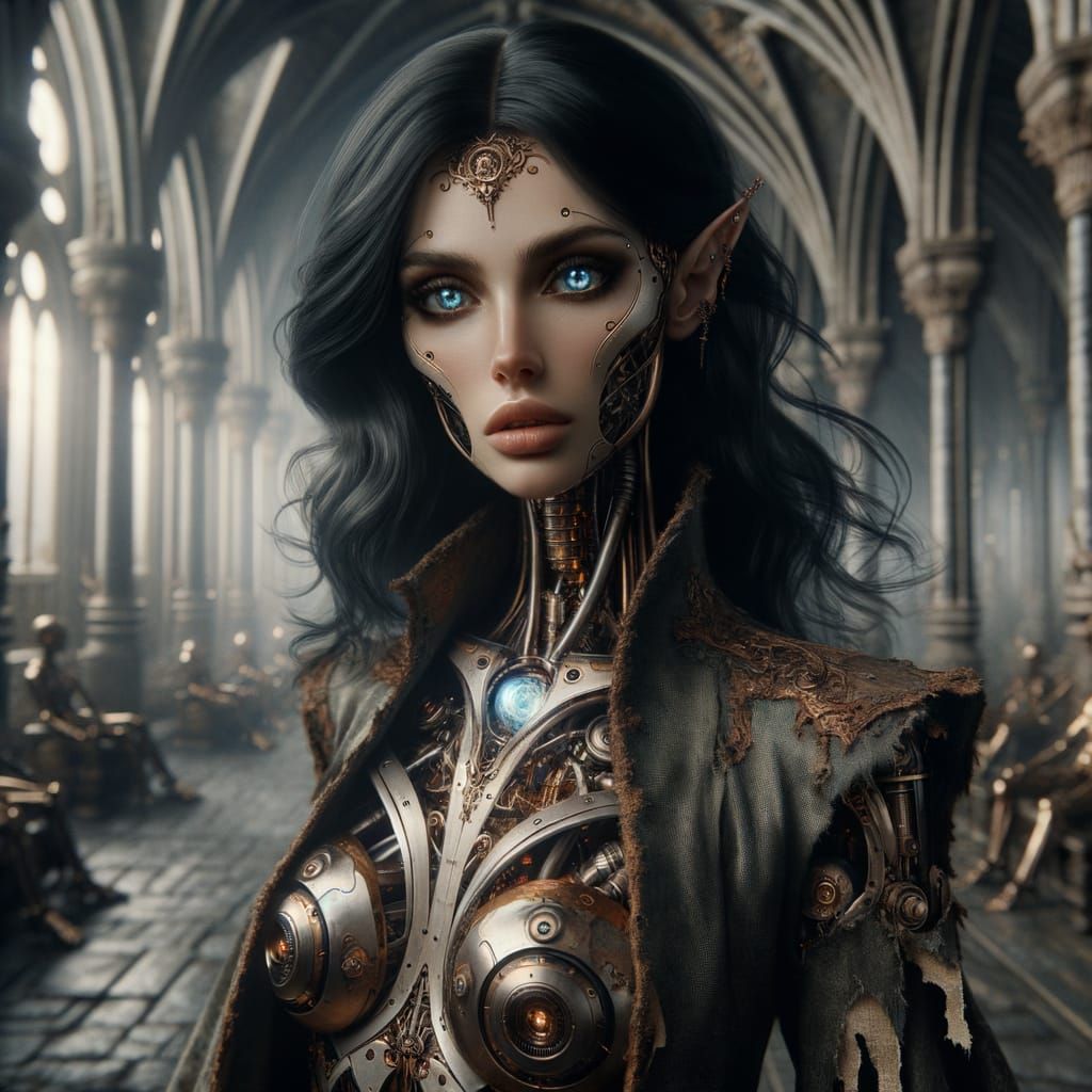 Noble Elf Woman in Ancient Steampunk Citadel