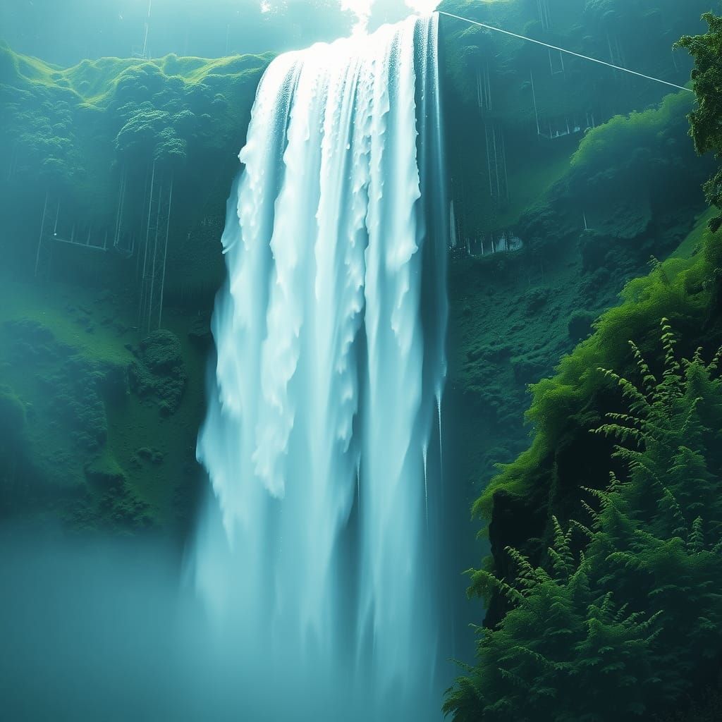 Mystical Waterfall with Lush Greenery