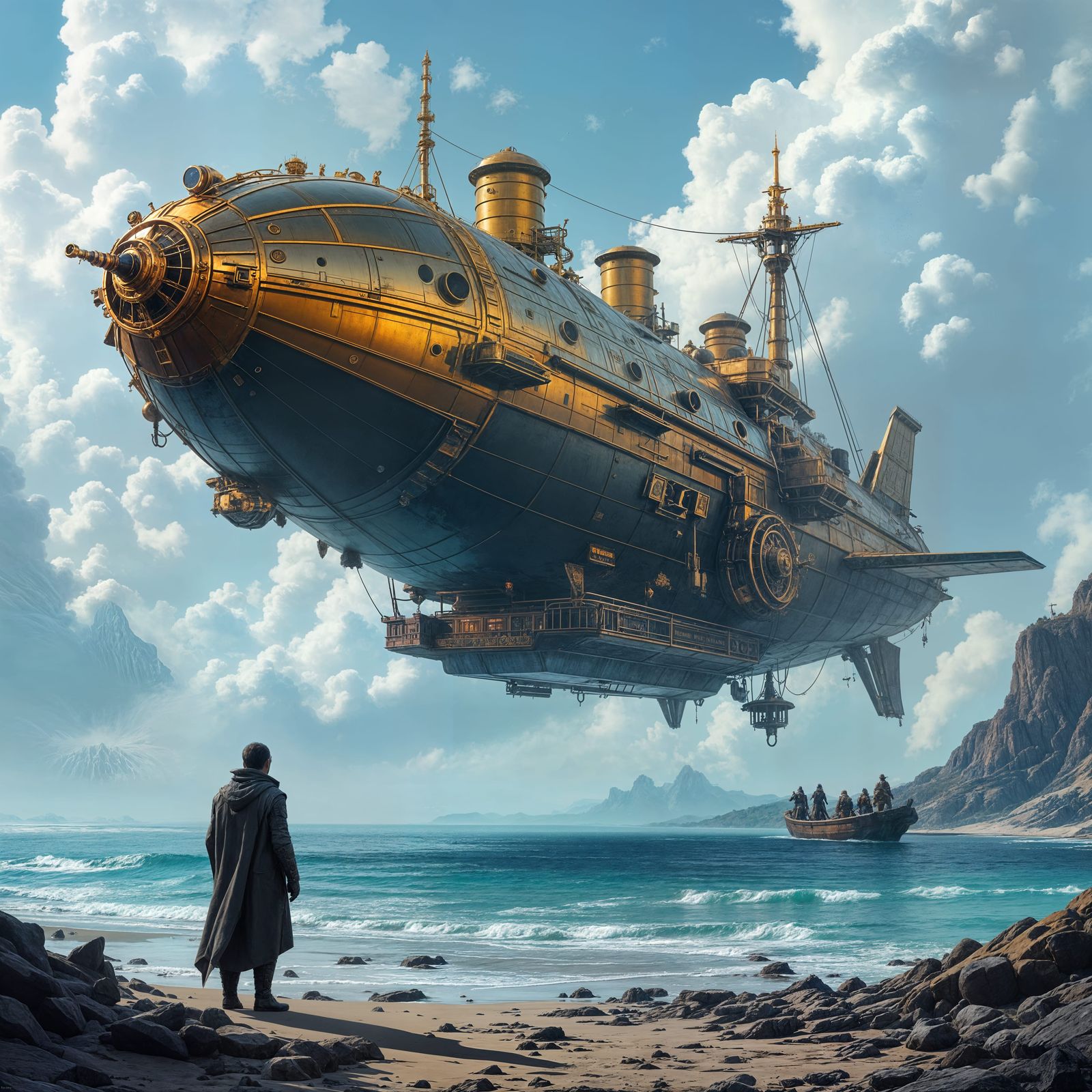 Steampunk Island Rescue Scene with Ship