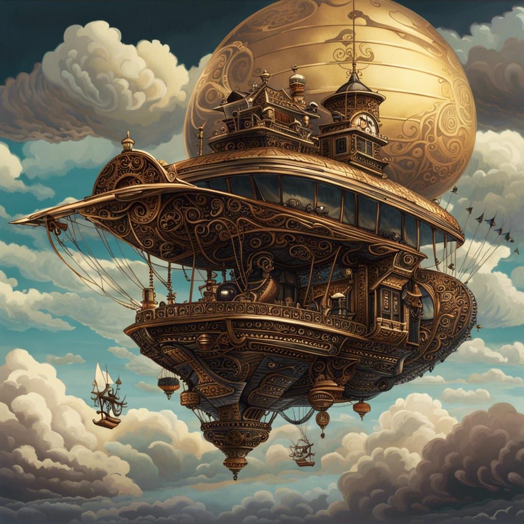 steampunk inspired glider in the clouds