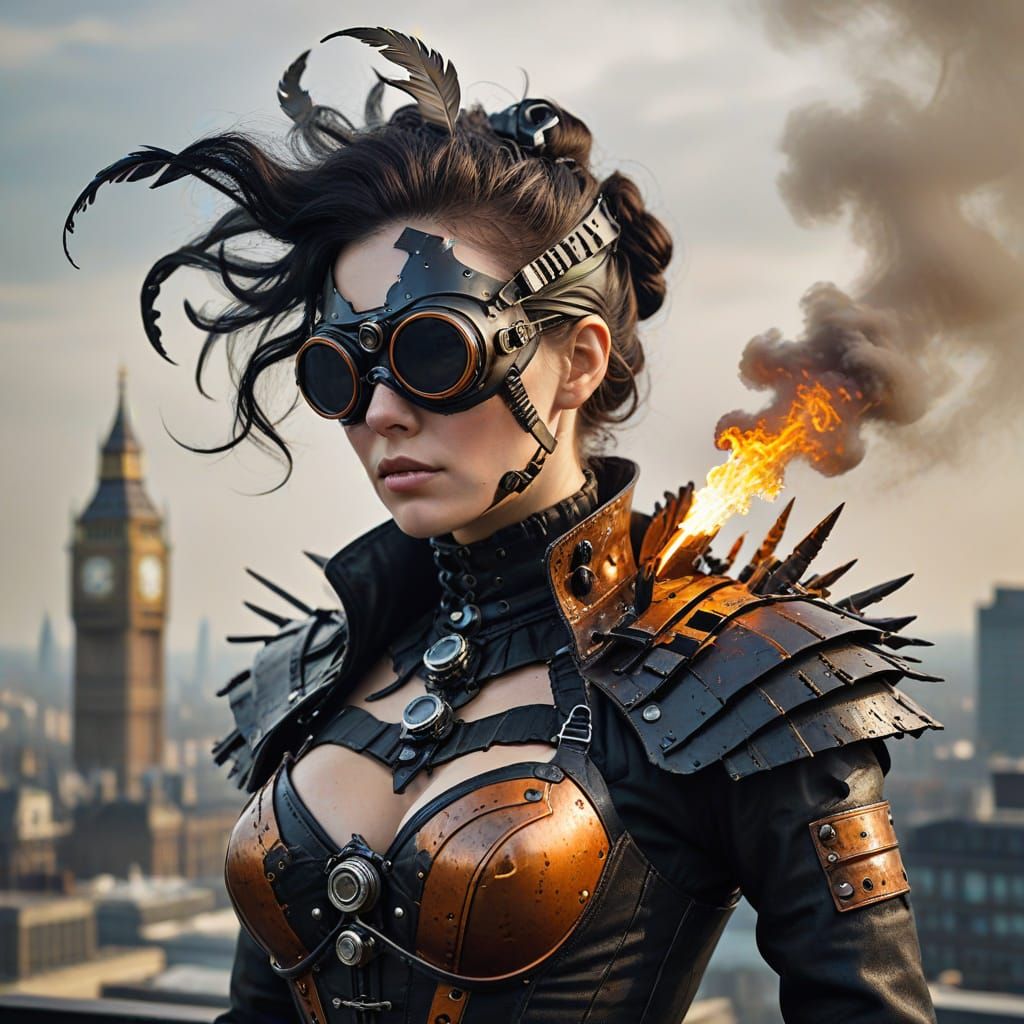 Steampunk Widow on London Rooftop in Digital Art