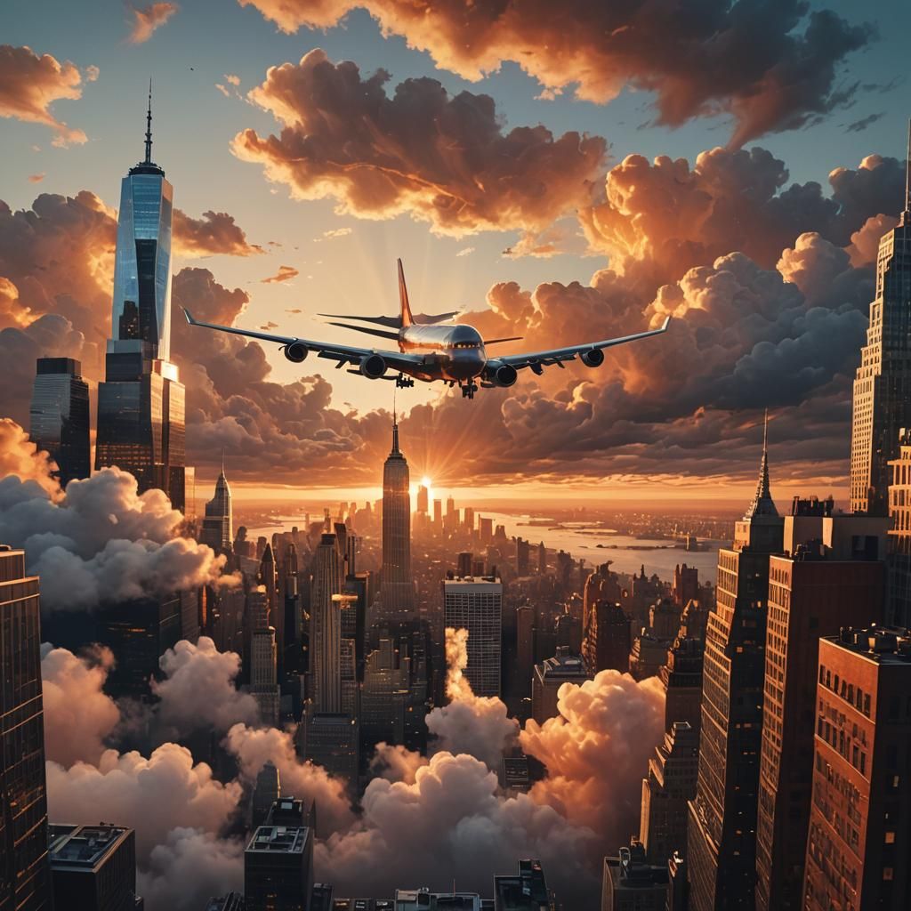 Sunset Plane Over New York City in Cinematic Style