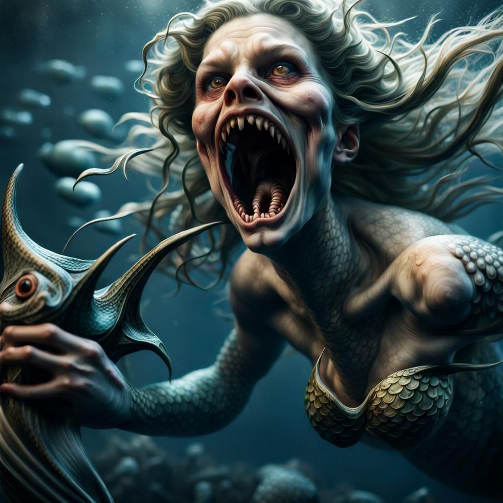 Sinister Mermaid Attack in Hyperdetailed Style