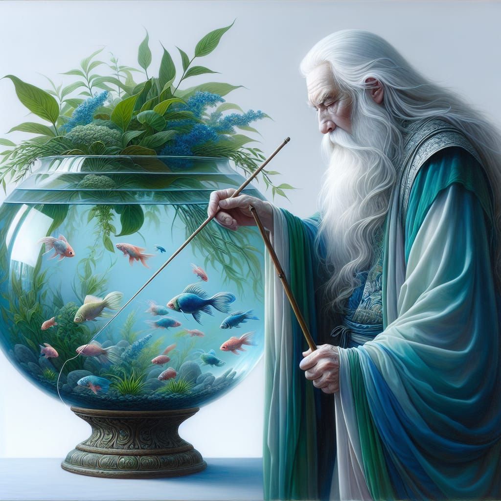 Wise Wizard Fishing in a Fishbowl