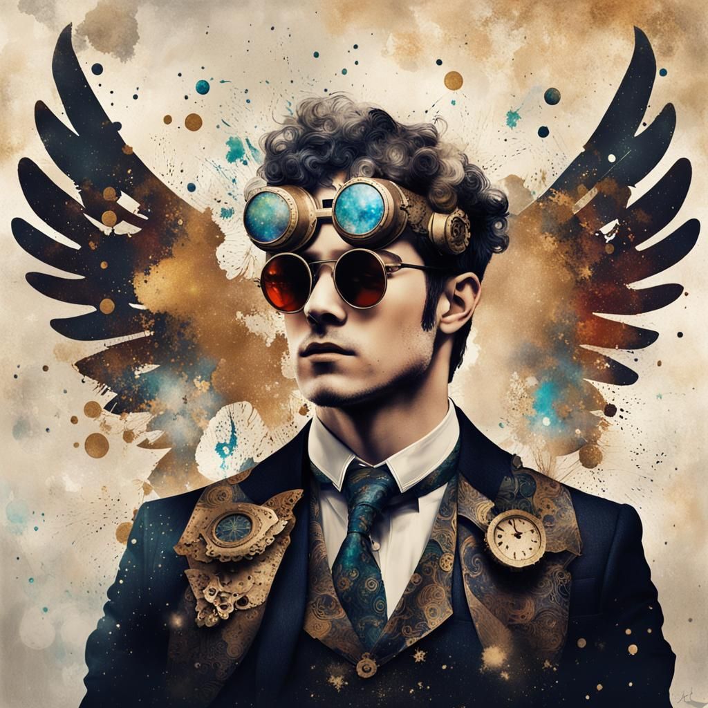Steampunk Celestial Portrait with Wings and Halo