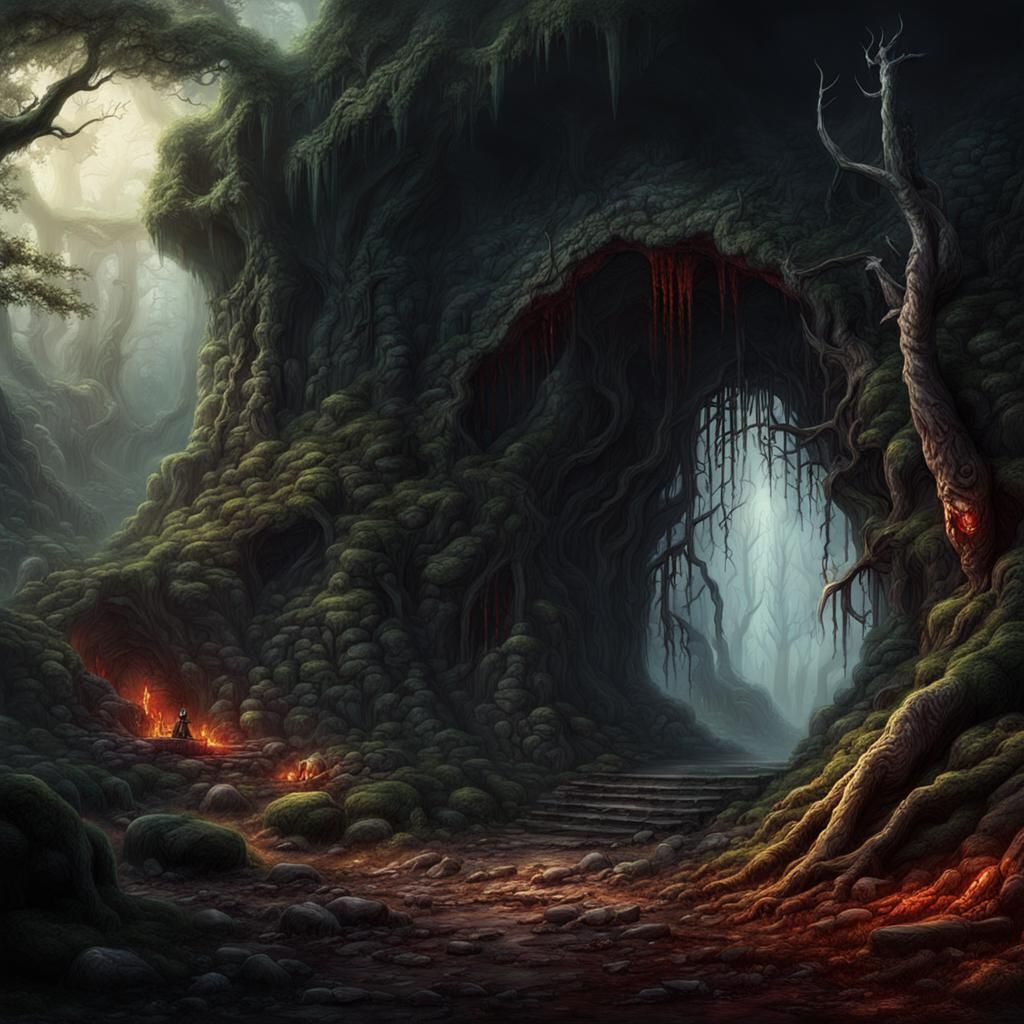 Dark Fantasy: Forest Cave Lair with Blood and Bones