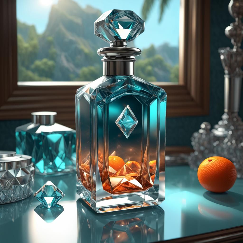 Hyperrealistic Diamond Crystal Perfume Bottle on Glass Table