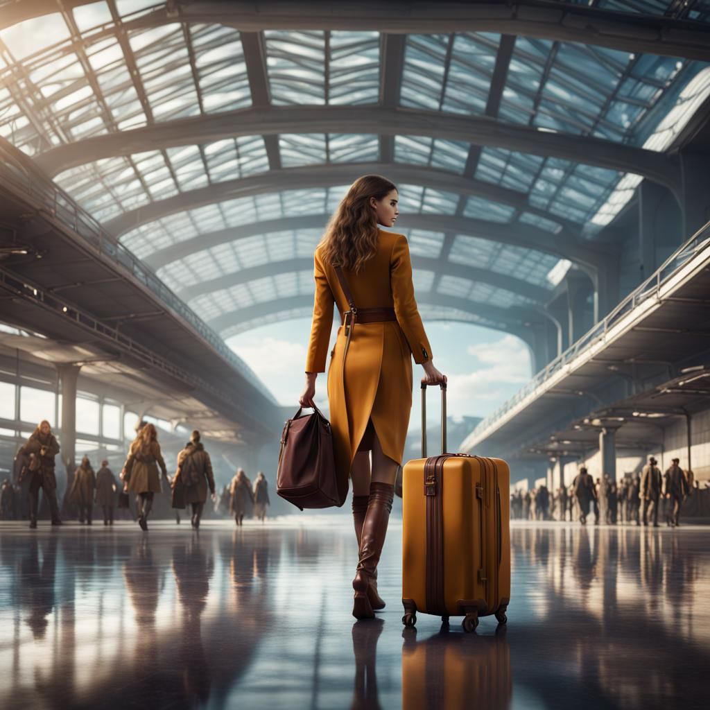 Woman at Airport Pointing to Flight Promotions