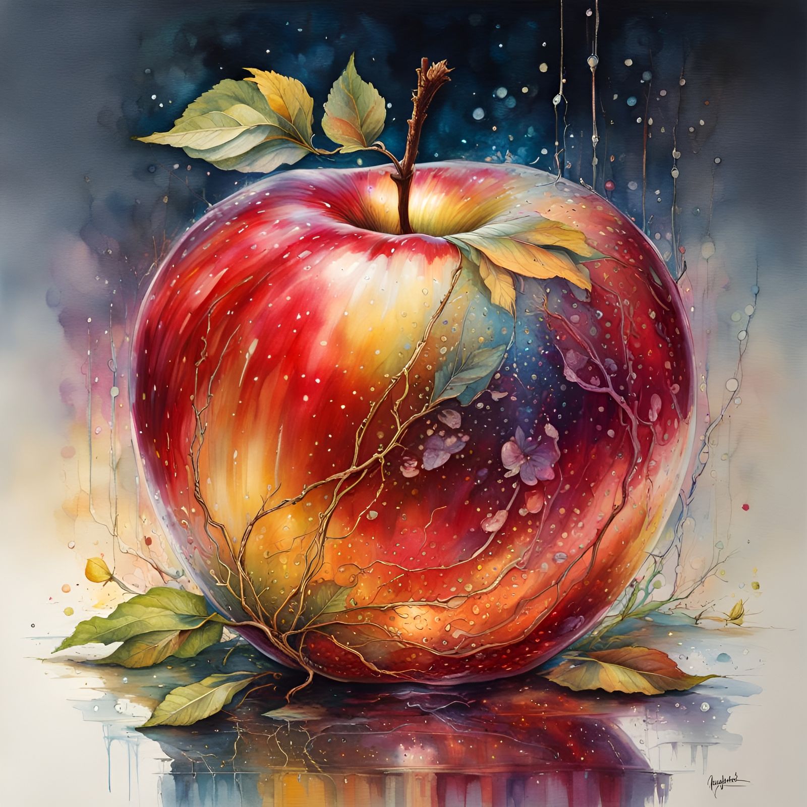 Hyperrealistic Apple in Glass Enclosure, Watercolor Style