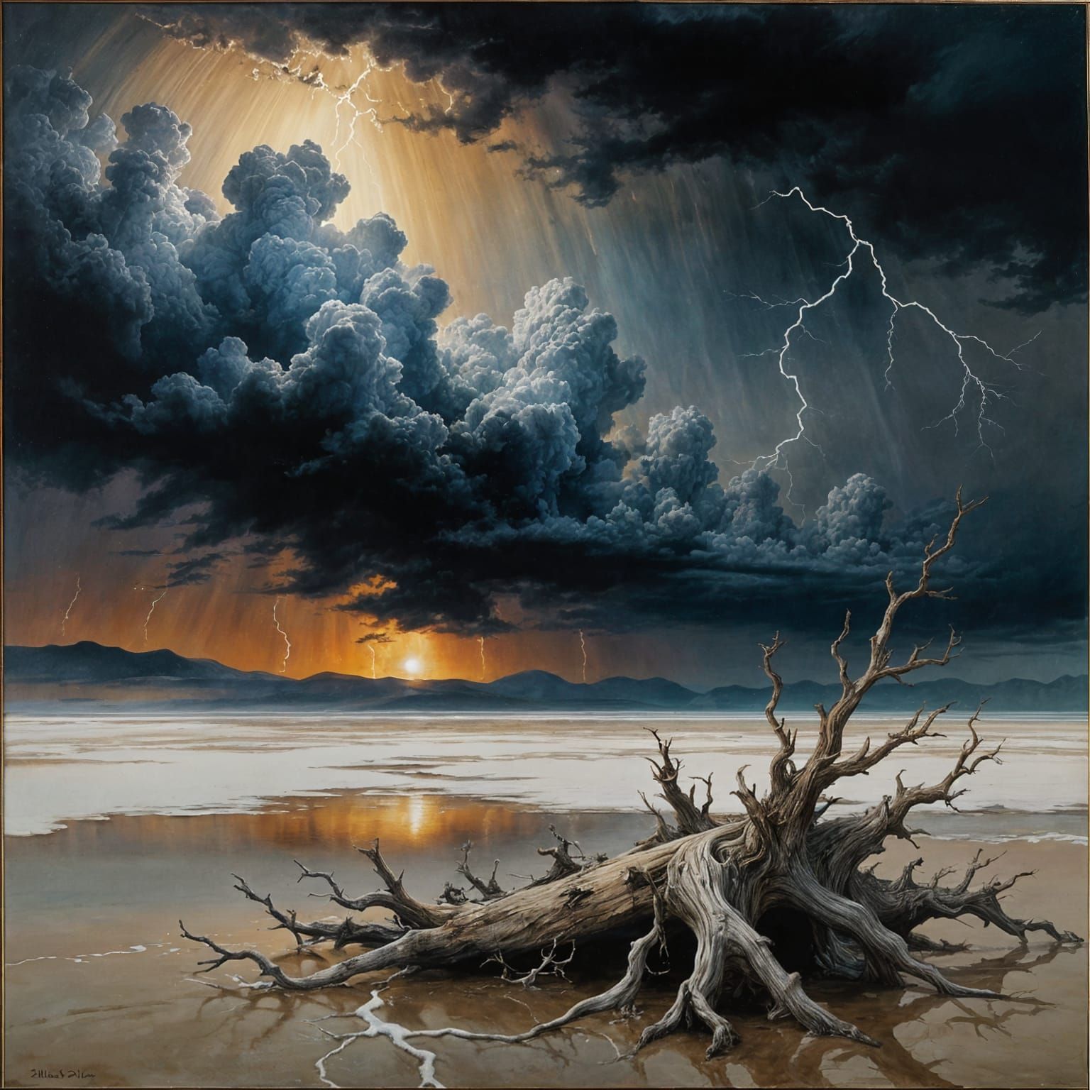 Ethereal Desert Oasis in Stormy Weather