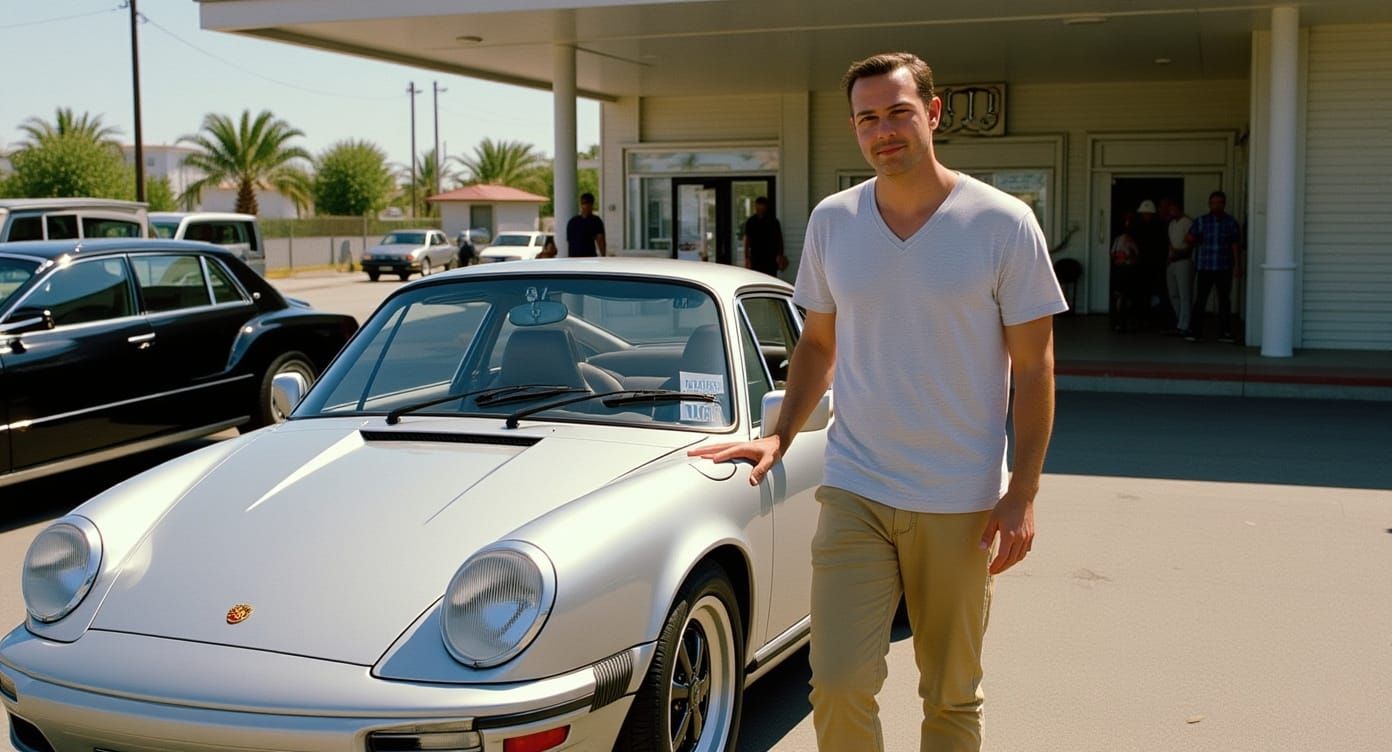 Vintage Gas Station Scene with Porsche 550 Spyder
