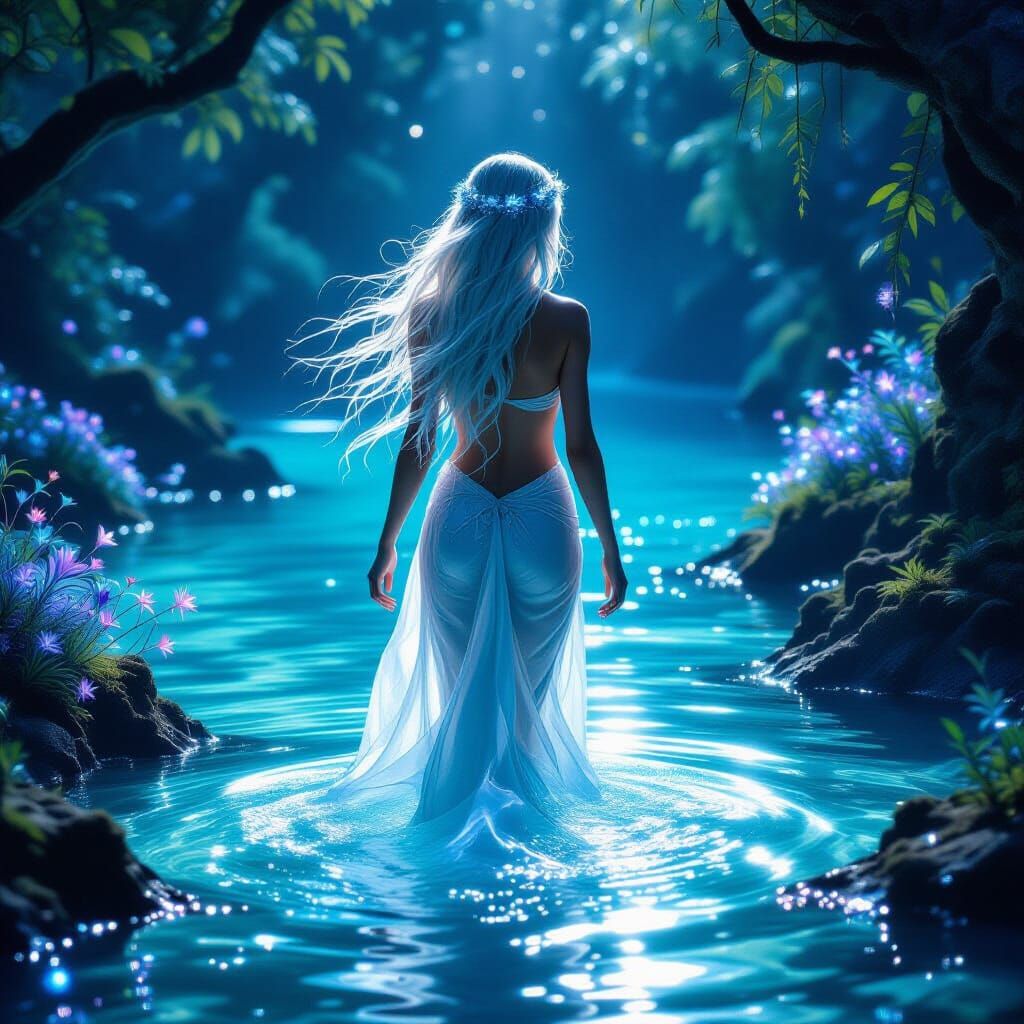 Ethereal Water Nymph Shimmers in Bioluminescent Lagoon