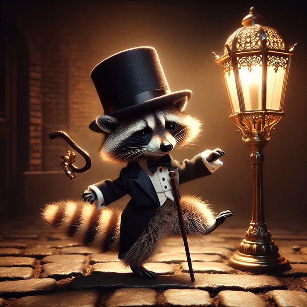 Dapper Raccoon's Delightful Dance in Old Town