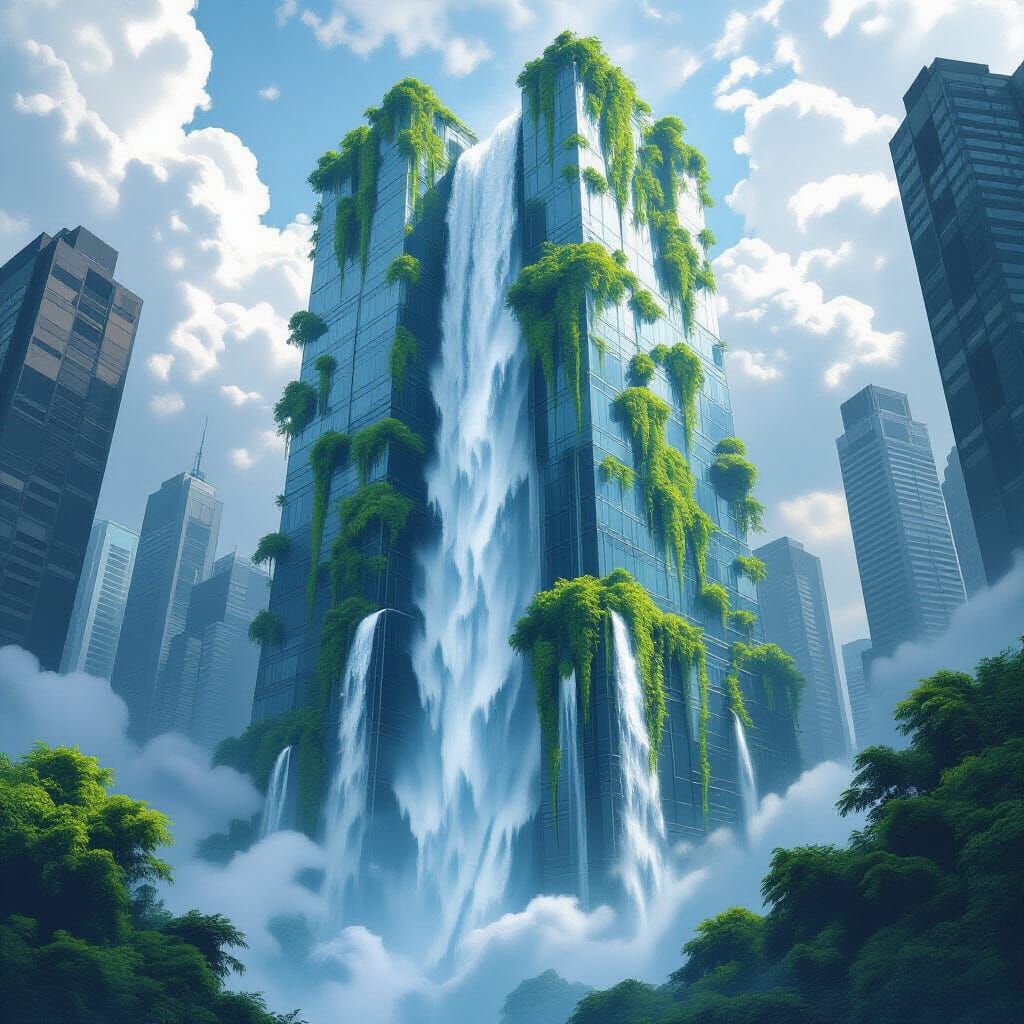 Waterfall on Futuristic Skyscraper: Digital Art
