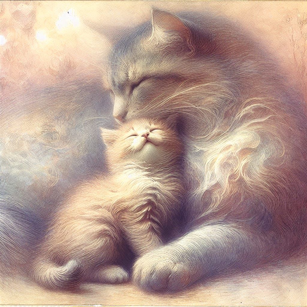 Kitten and Cat Cuddle in Watercolours