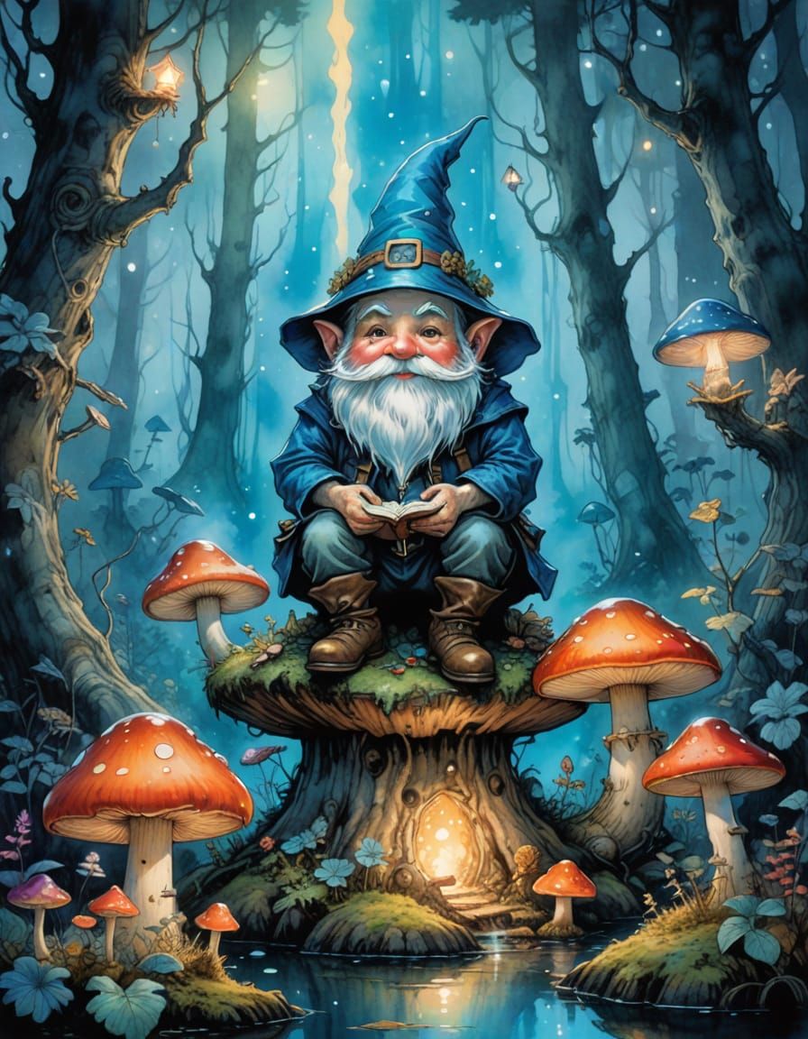 Gnome Mage in Bioluminescent Forest, Watercolor Style