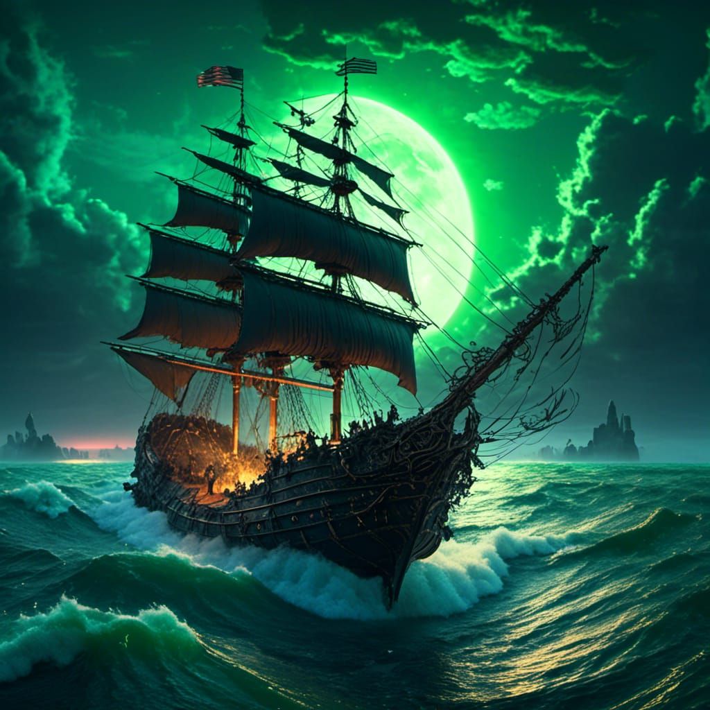 Dark Ship on a Green Sea at Full Moon