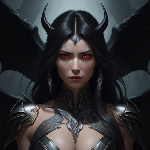 Powerful Woman with Demon Wings and Red Eyes