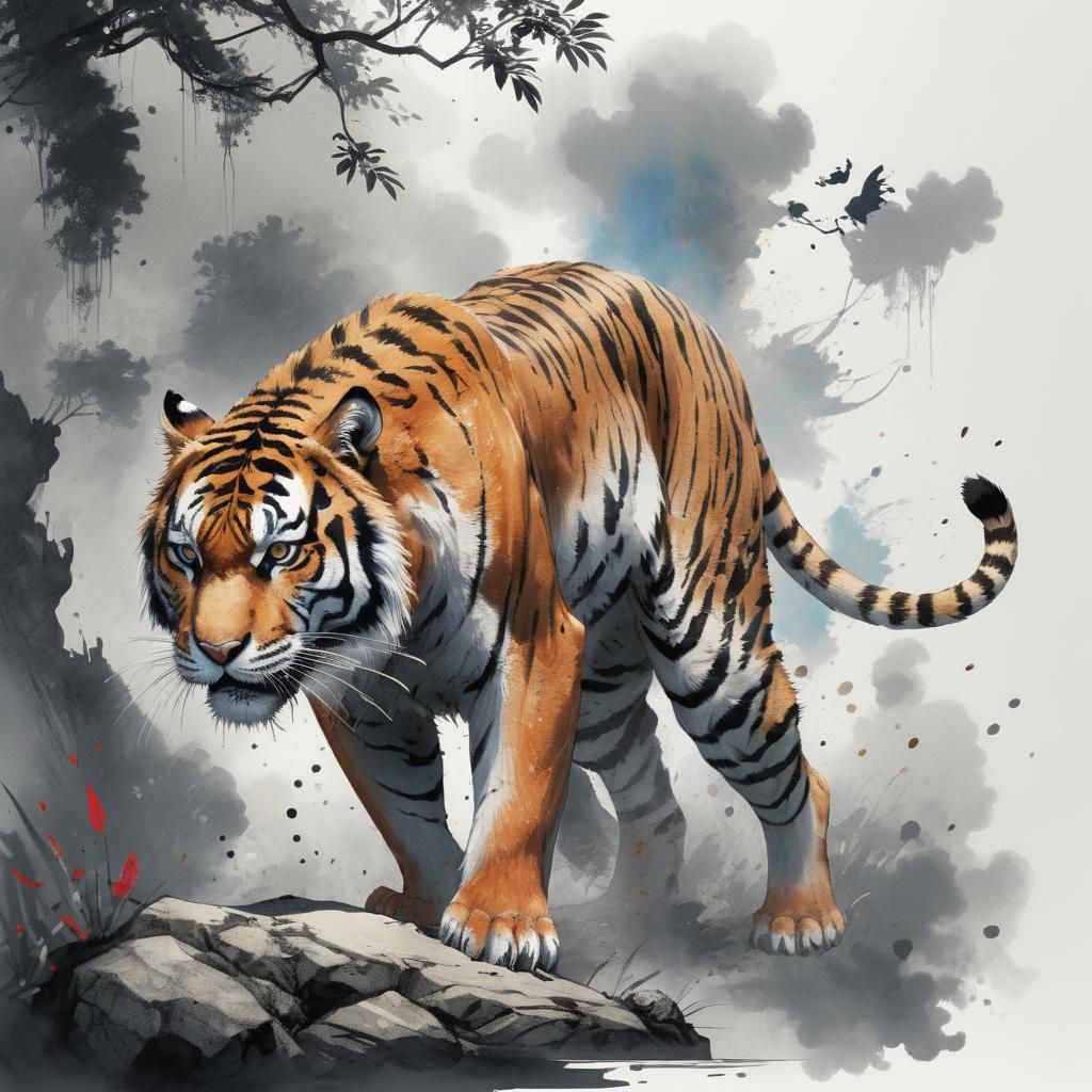 Wild Tiger in India-Ink Painting Style