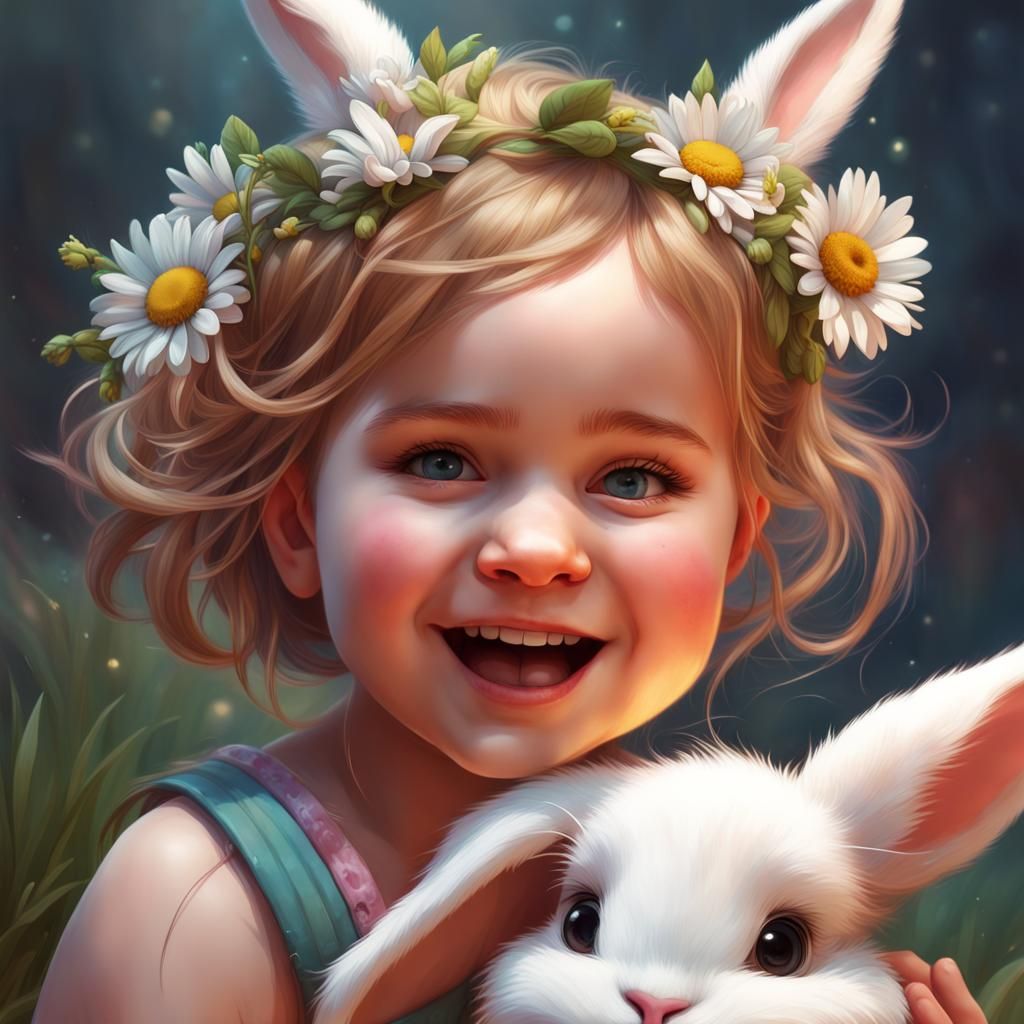 Toddler and Bunny Portrait in Digital Art Style