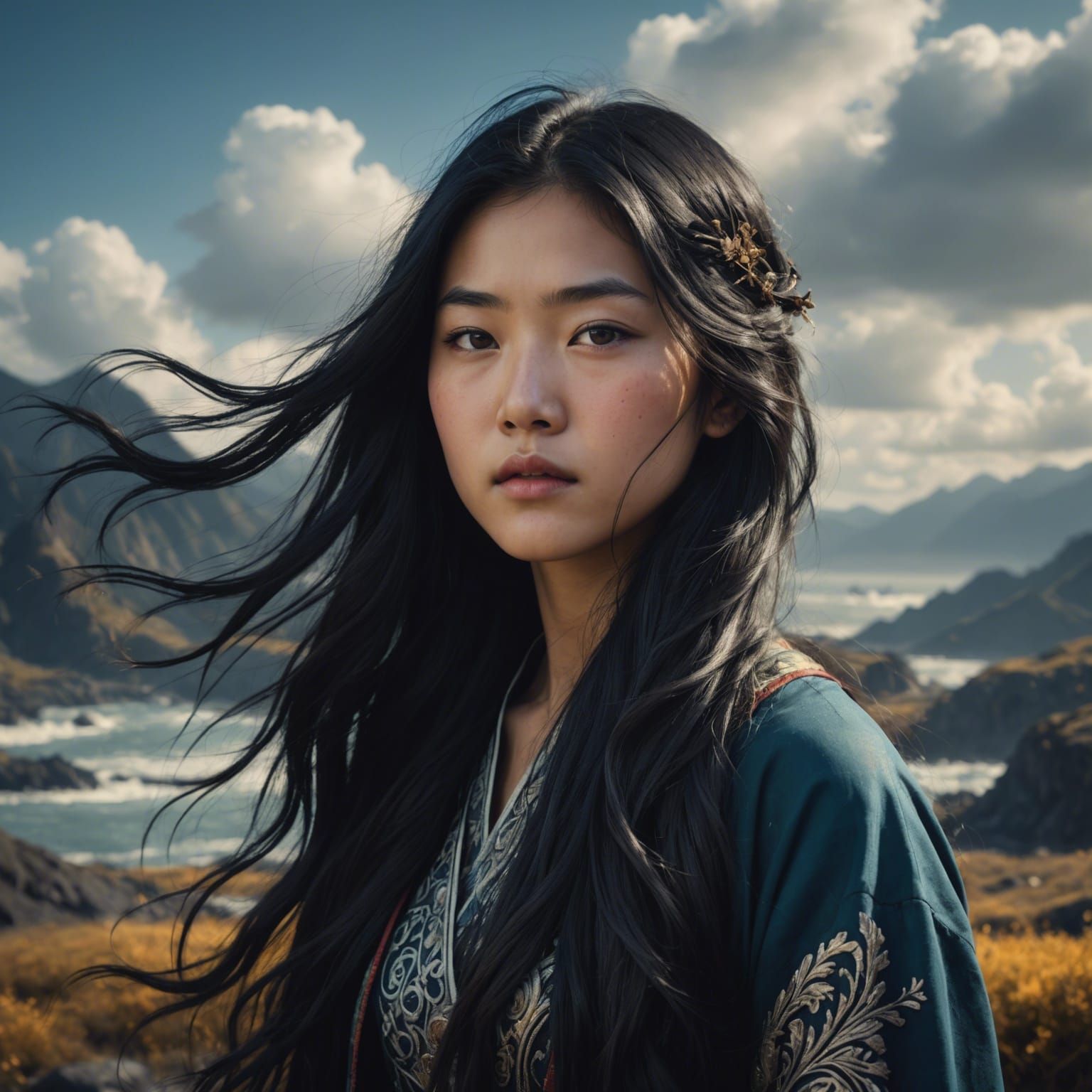 Epic Portrait of Asian Woman with Flowing Hair
