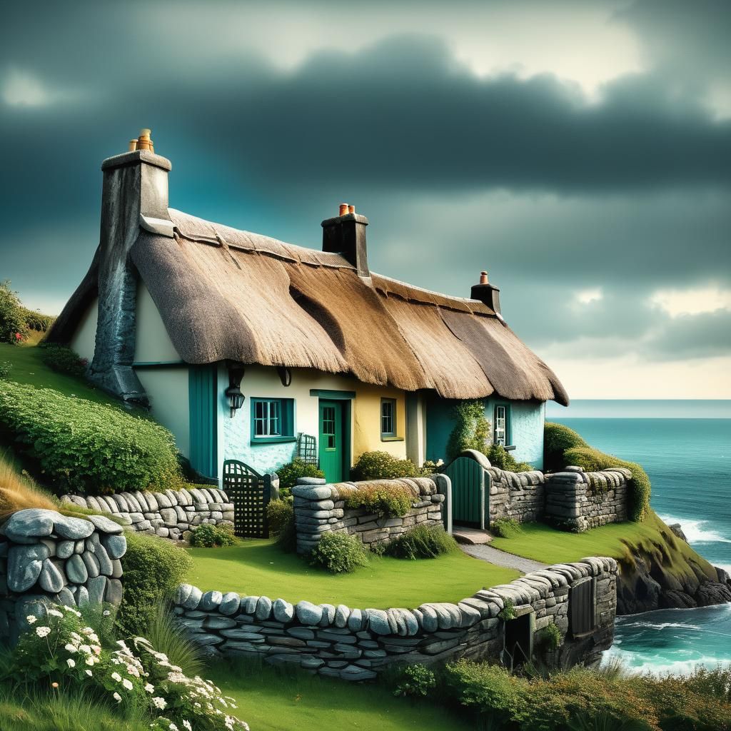 Irish Thatch Cottage with Ocean View in Cool Tones