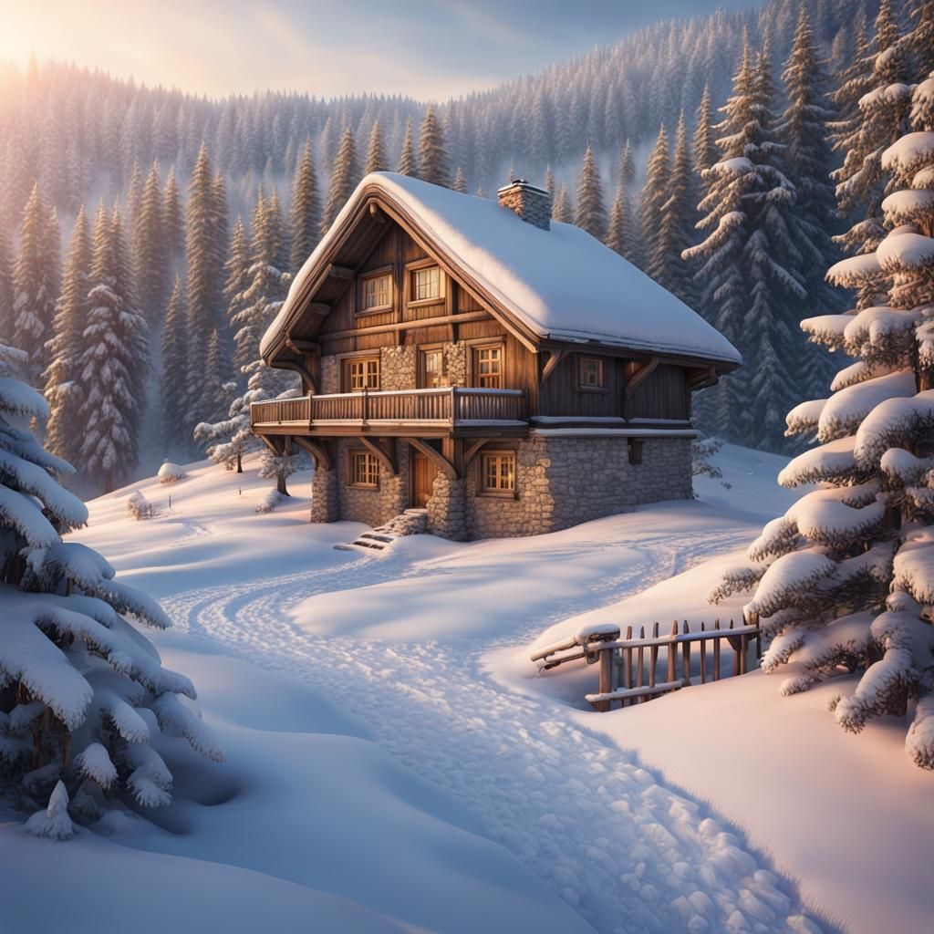 Winter Mountain Cottage at Sunrise: Realistic Photo