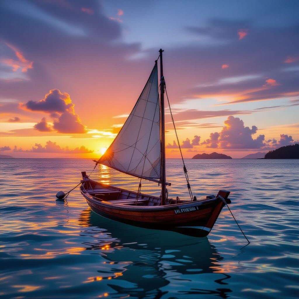 Fishing Boat Silhouette at Vibrant Overseas Sunset