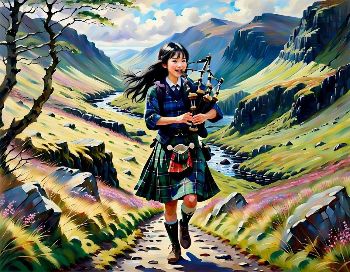 Japanese Girl Playing Bagpipes in Scottish Highlands