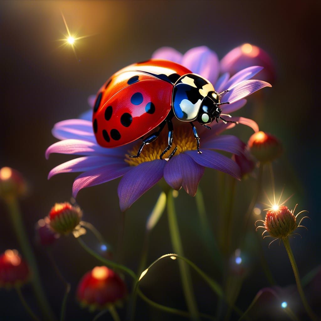 Iridescent Ladybug on Wildflower, Fantasy Art