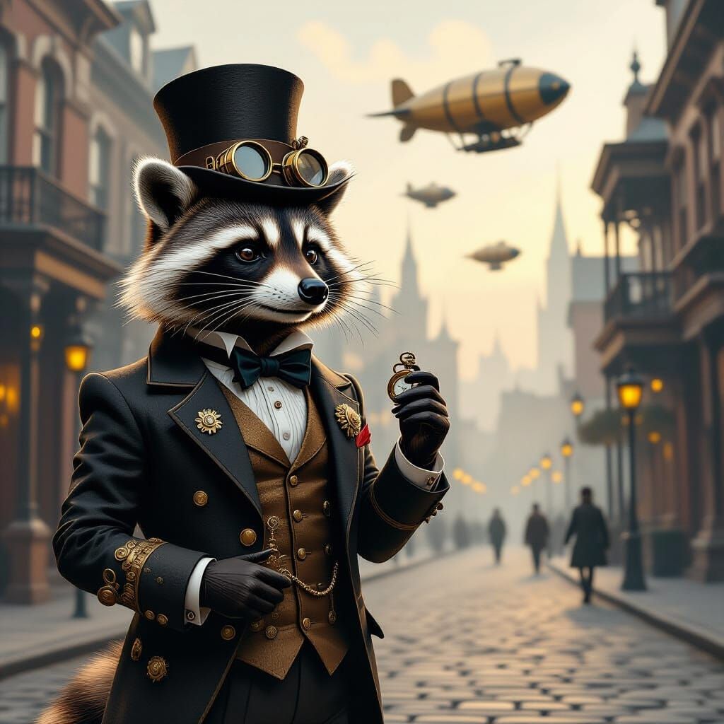 Steampunk Raccoon Gentleman in Victorian Cityscape