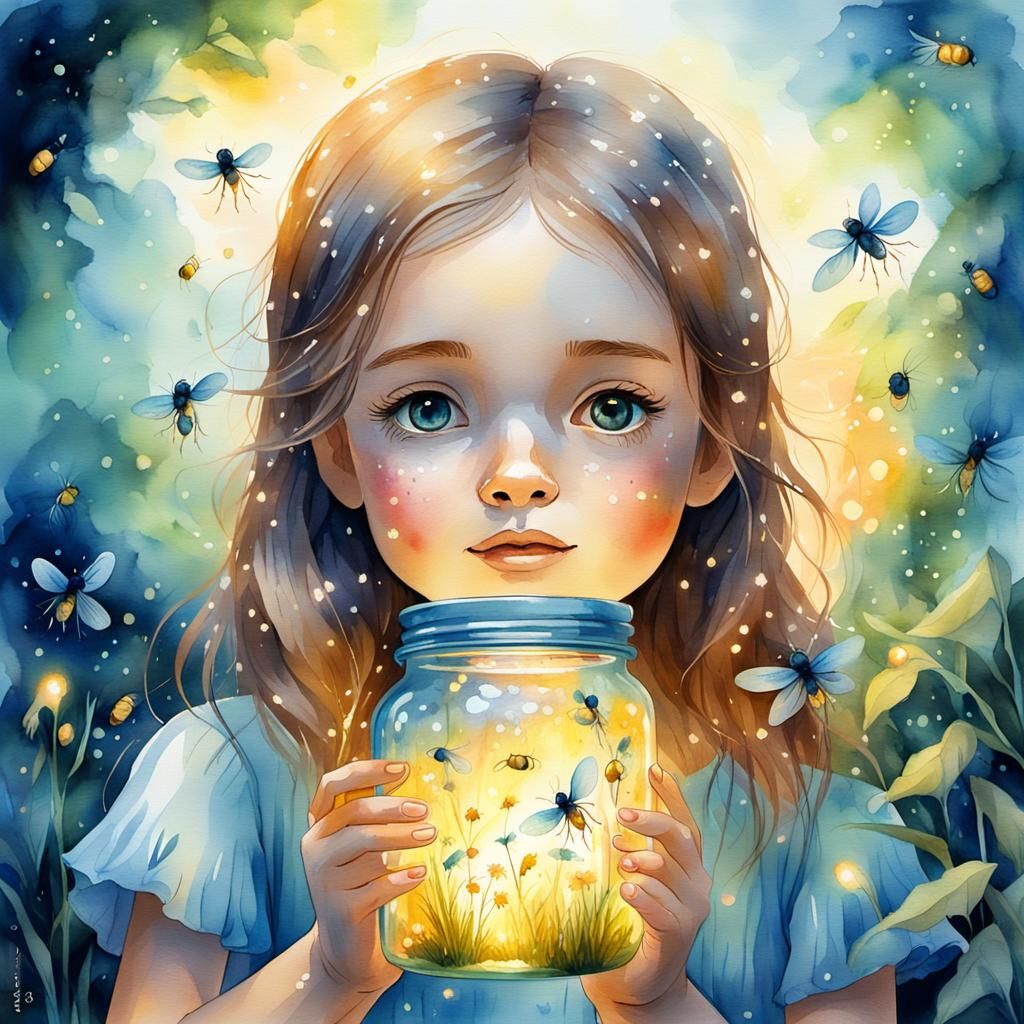 Bioluminescent Fireflies: Whimsical Watercolor Portrait