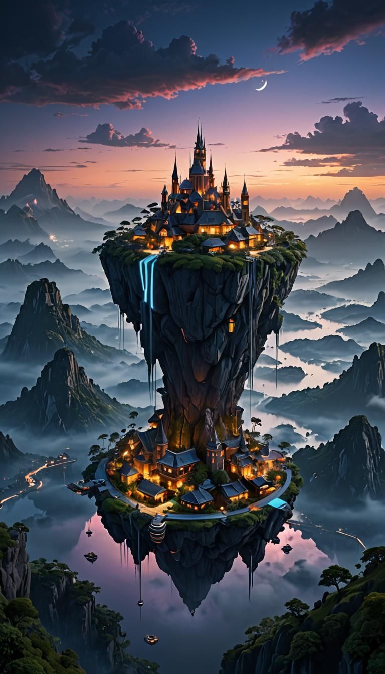 Futuristic Sky City on Floating Island at Twilight