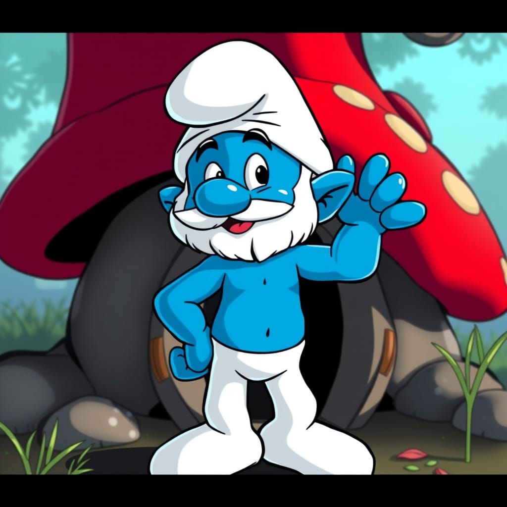 Beefcake Smurf, fit body, blue skin, white hat, bare chest, white leggings with feet, beside his large mushroom home tha...