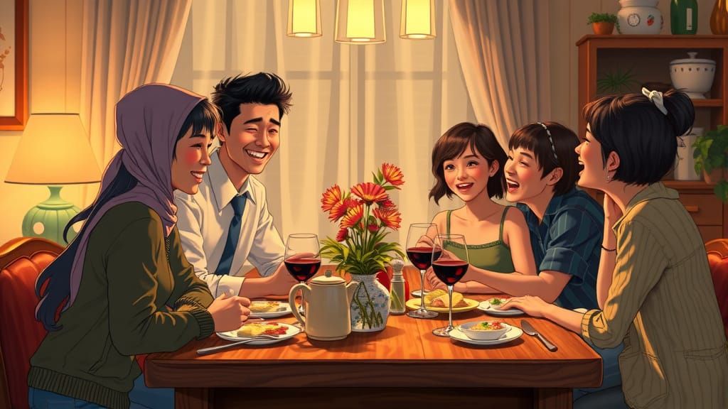 Warm Family Dinner Scene in Whimsical Style