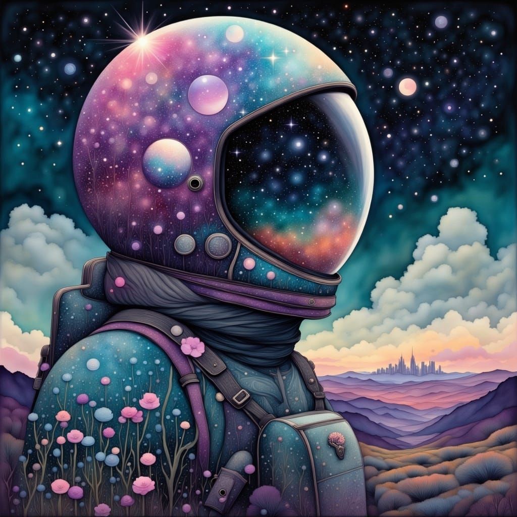 Surreal Astronaut in a Galaxy Sky with Iridescent Flora and ...