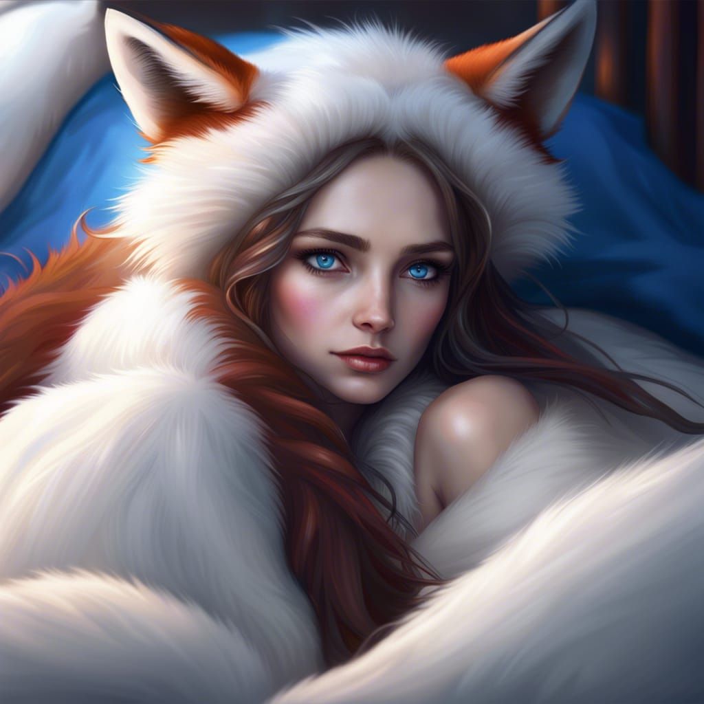 Fox Girl Cuddling: Detailed Matte Painting in Fantasy Style
