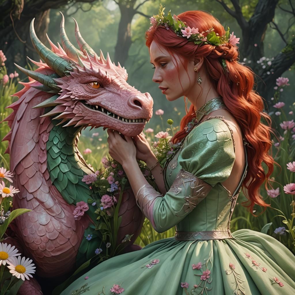 Pastel Pink Dragon and Red-Haired Woman: Fantasy Art