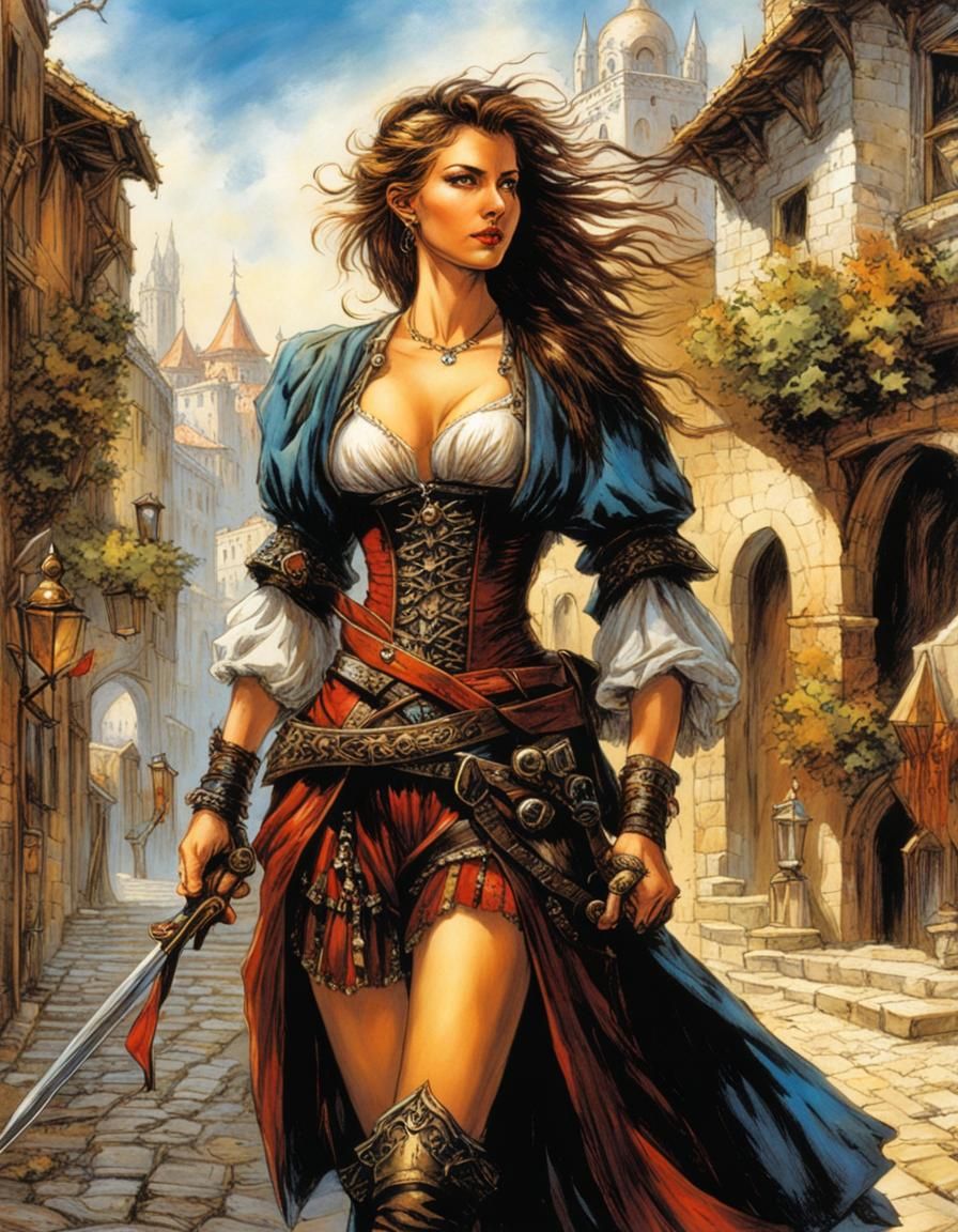Female Bard in Novigrad: Colorful Comic Illustration